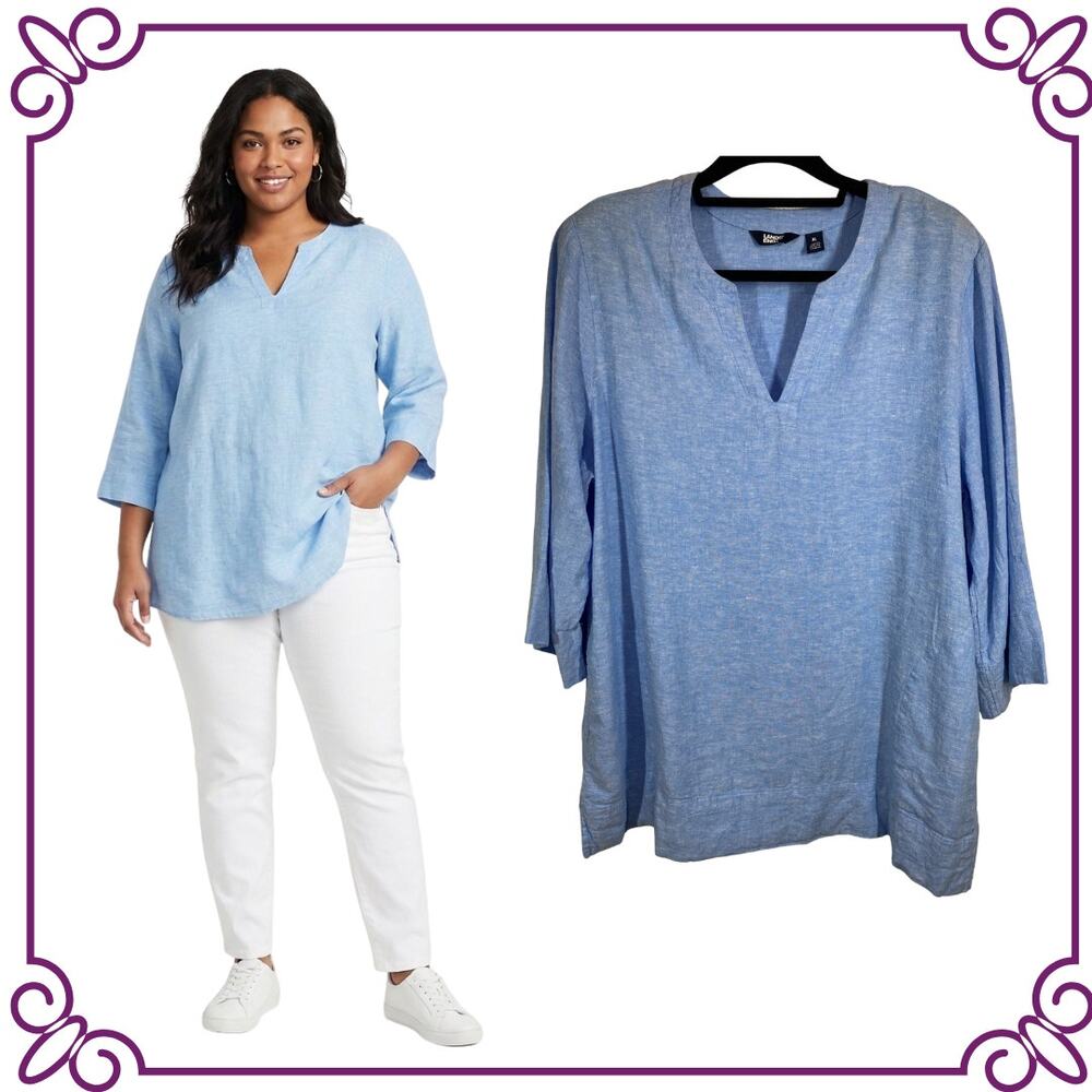 Lands' End Linen Blend V Neck 3/4 Sleeve Tunic Pockets Light Blue EXTRA LARGE